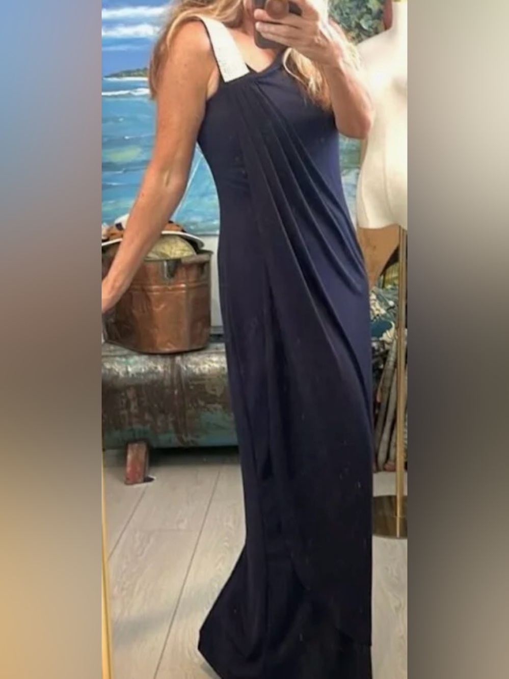 Karina Navy One-Shoulder Maxi Dress with Diamond Strap